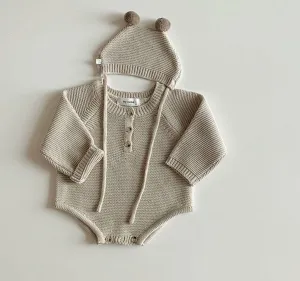 Knitted Romper and Pom Pom Hat - Beige
