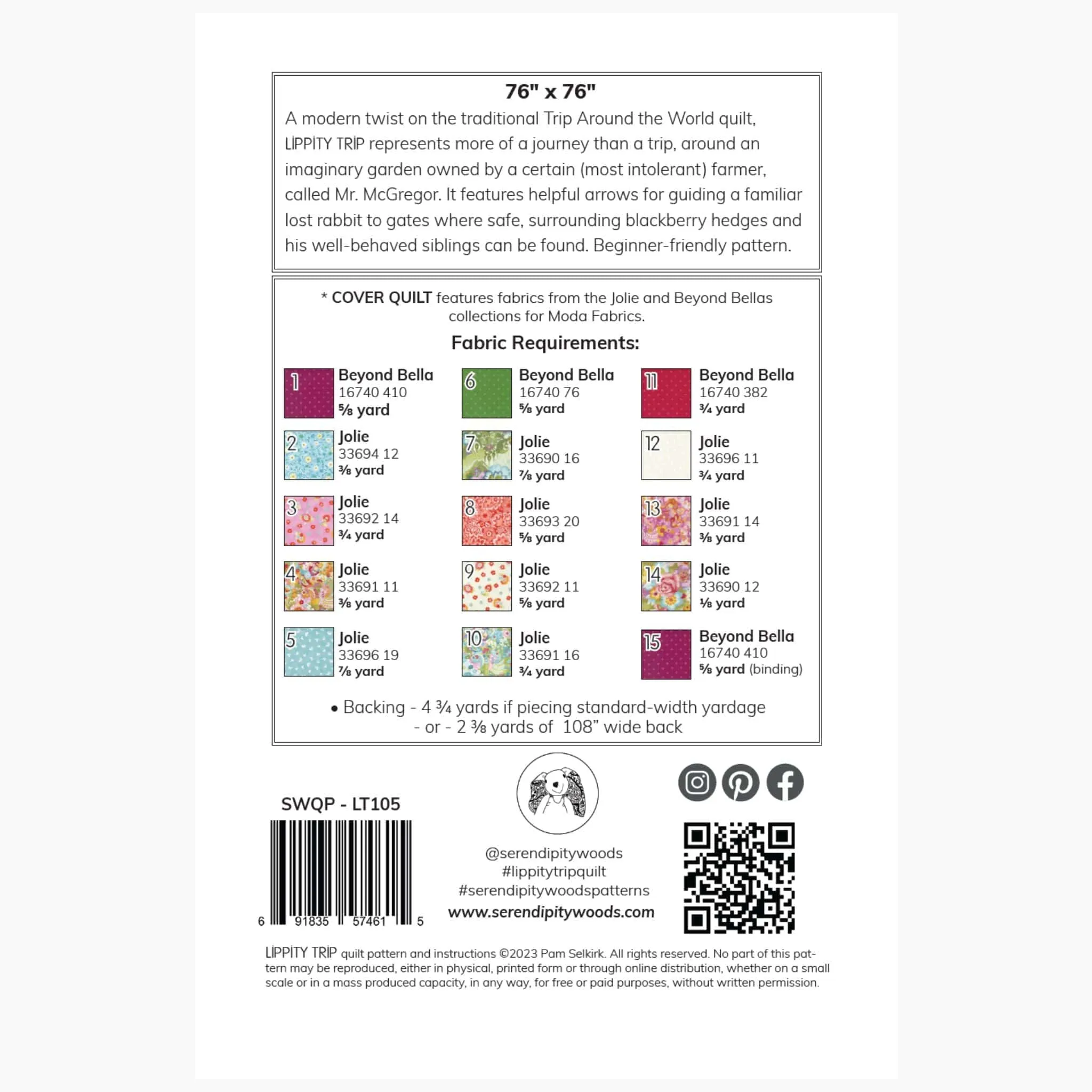 LIPPITY TRIP Quilt Pattern (Printed Pattern Booklet), by Pam Selkirk 76" x 76" Large Lap Size