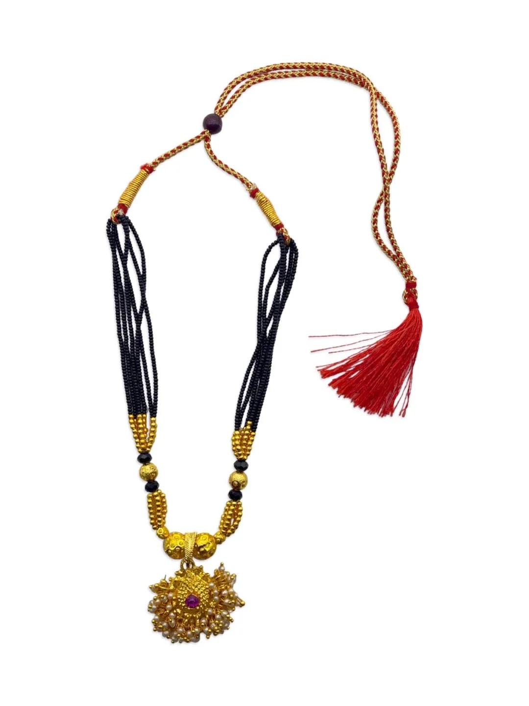 Maharashtrian Style Short Thushi Mangalsutra Designs Gold Pendant With White Moti Black Beads Chain