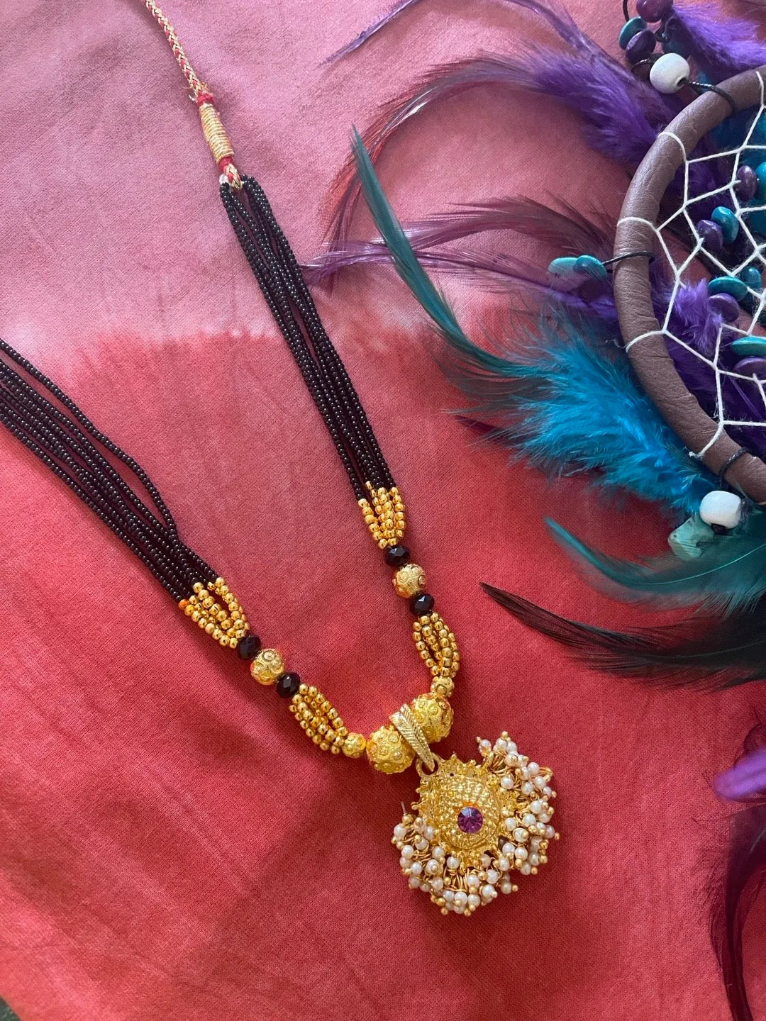 Maharashtrian Style Short Thushi Mangalsutra Designs Gold Pendant With White Moti Black Beads Chain