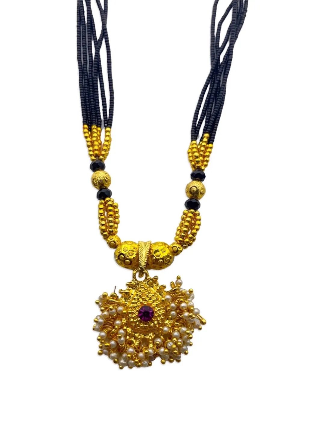 Maharashtrian Style Short Thushi Mangalsutra Designs Gold Pendant With White Moti Black Beads Chain