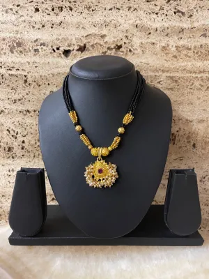 Maharashtrian Style Short Thushi Mangalsutra Designs Gold Pendant With White Moti Black Beads Chain
