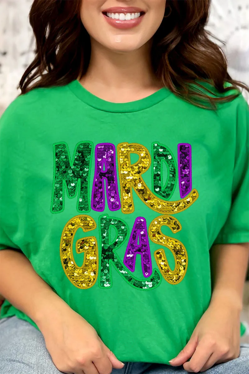 Mardi Gras Doodle Faux Glitter Short Sleeve Relaxed Fit T-Shirt