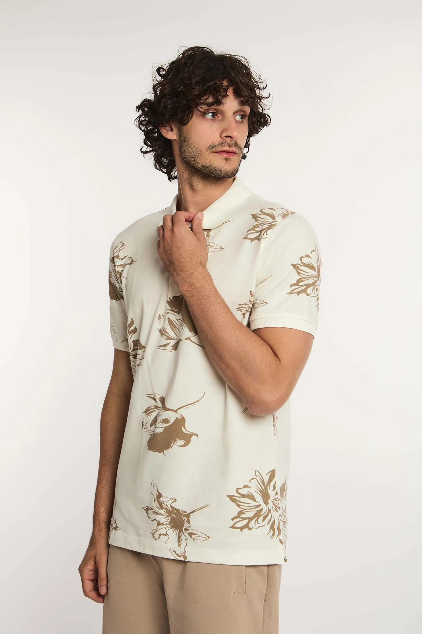 Men Polo Cotton Printed Regular Fit Off White