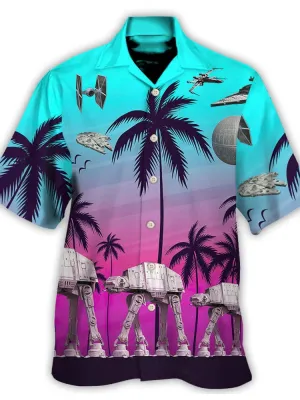 Men's Casual Landscape Robot Print Linen Cuban Collar Shirt