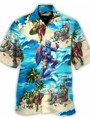Men's Casual Landscape Robot Print Linen Cuban Collar Shirt