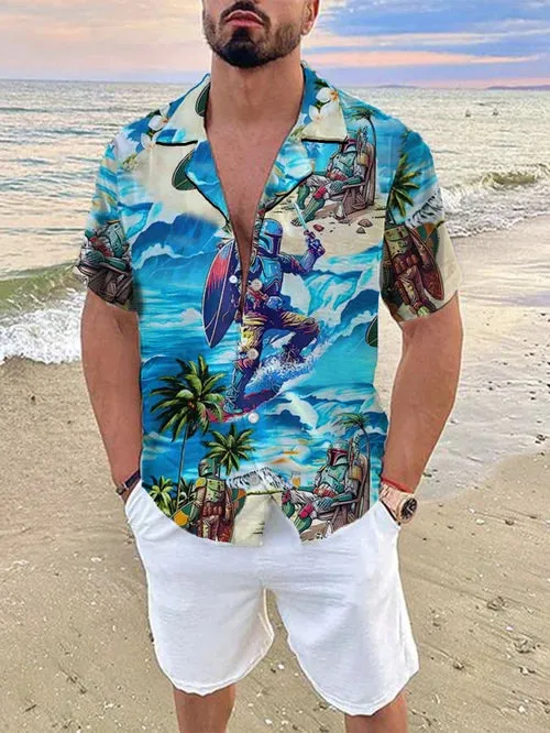 Men's Casual Landscape Robot Print Linen Cuban Collar Shirt