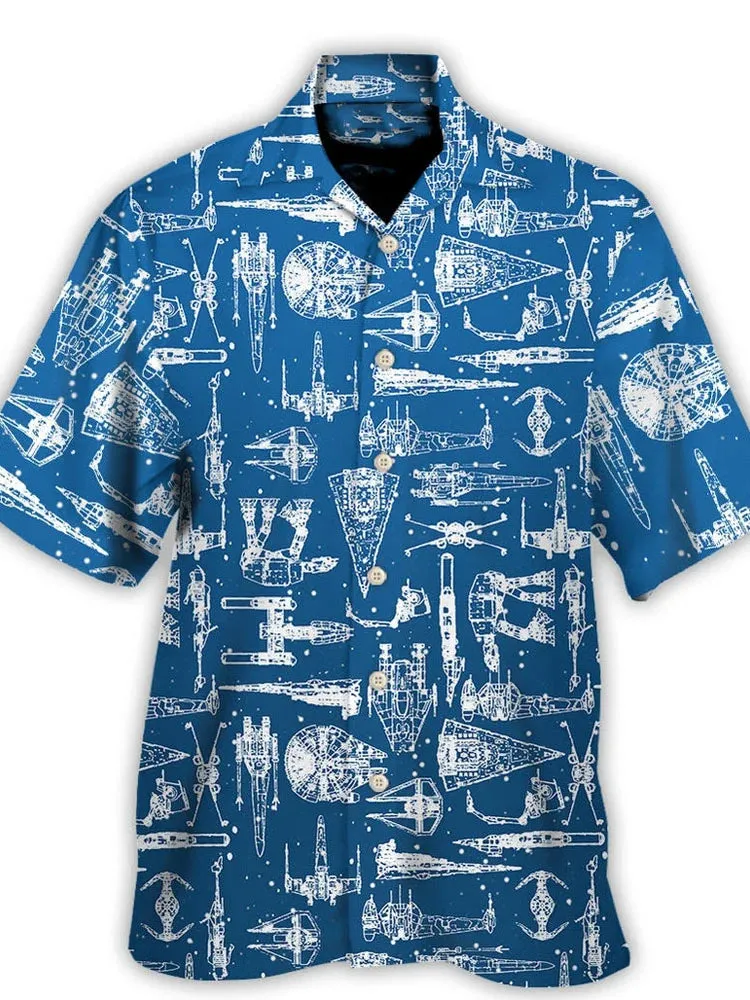 Men's Casual Landscape Robot Print Linen Cuban Collar Shirt