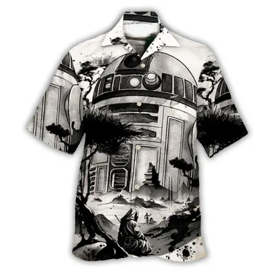 Men's Casual Landscape Robot Print Linen Cuban Collar Shirt