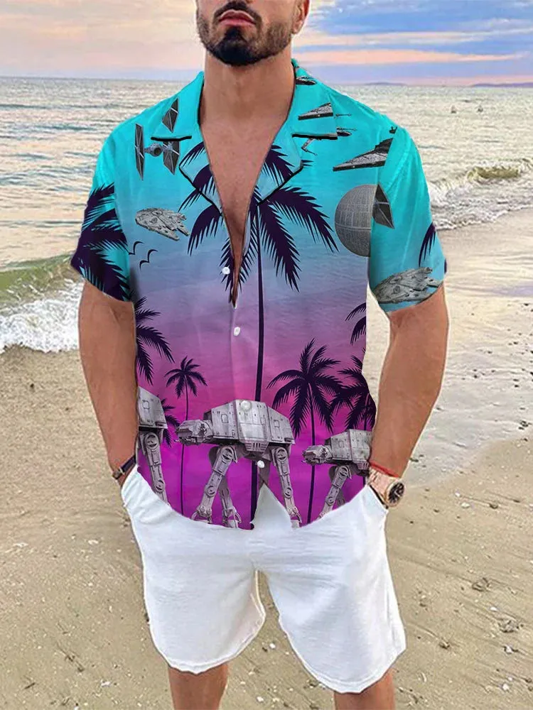 Men's Casual Landscape Robot Print Linen Cuban Collar Shirt
