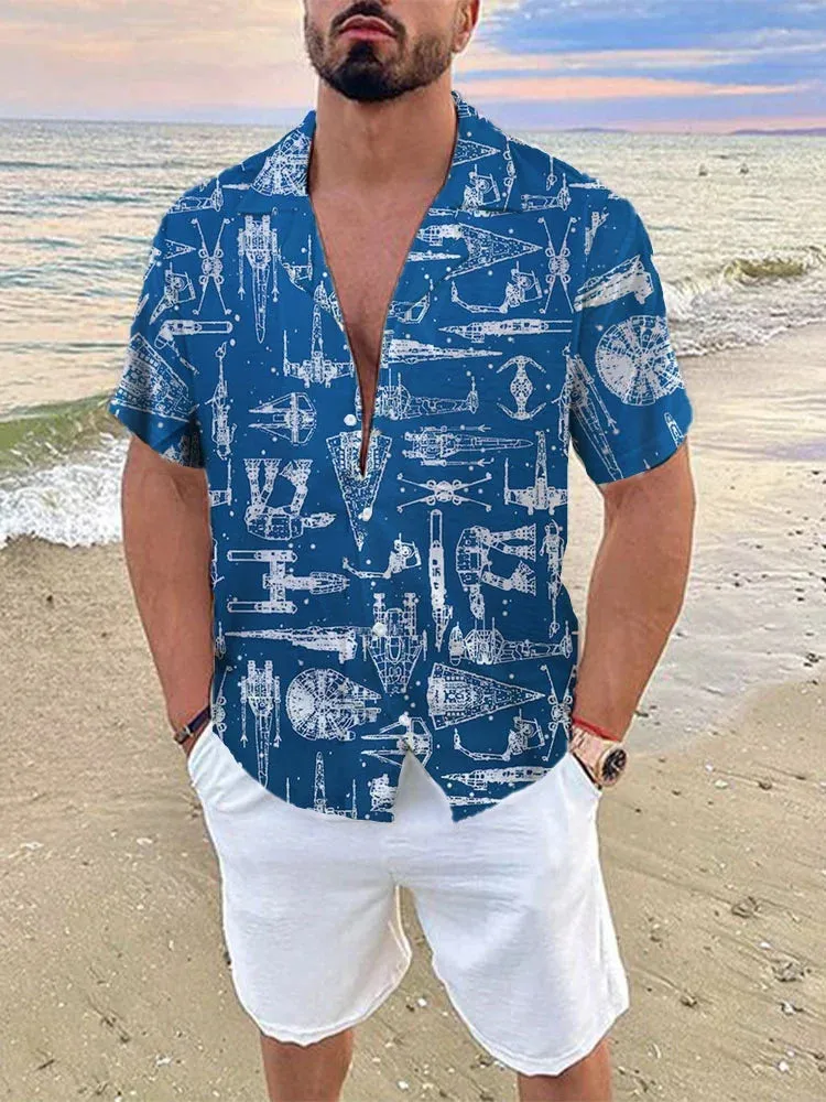Men's Casual Landscape Robot Print Linen Cuban Collar Shirt