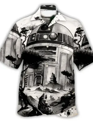 Men's Casual Landscape Robot Print Linen Cuban Collar Shirt