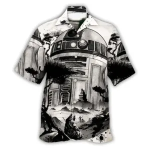 Men's Casual Landscape Robot Print Linen Cuban Collar Shirt