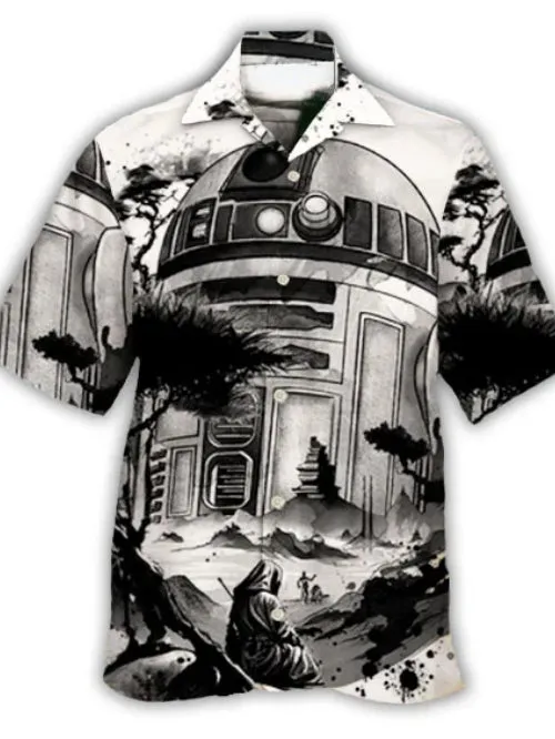 Men's Casual Landscape Robot Print Linen Cuban Collar Shirt