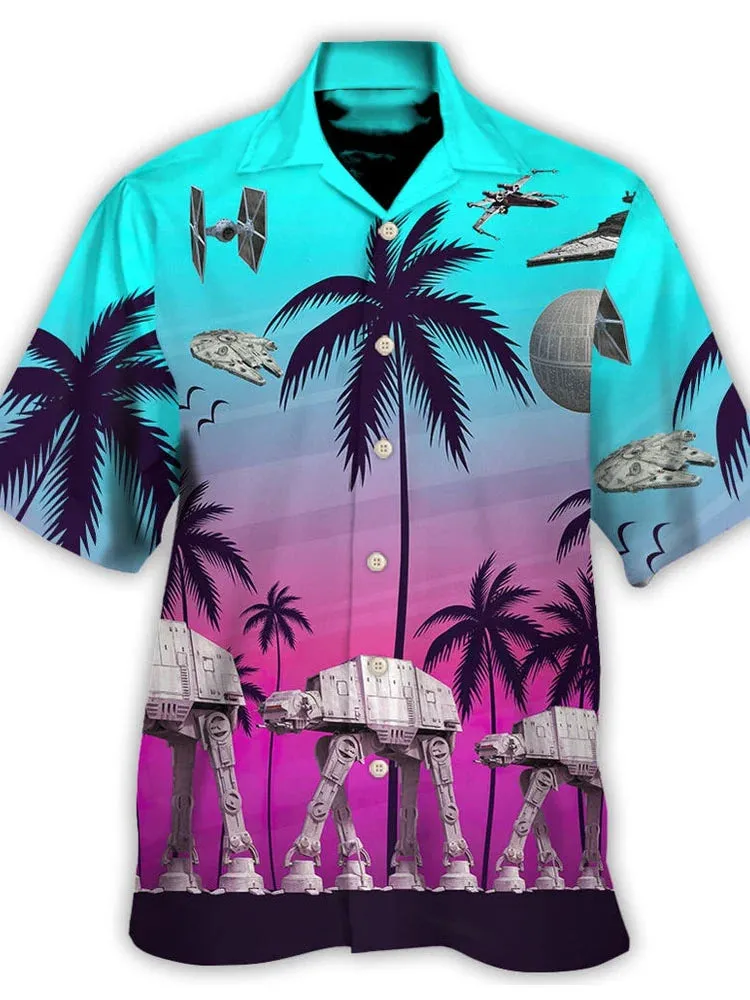 Men's Casual Landscape Robot Print Linen Cuban Collar Shirt