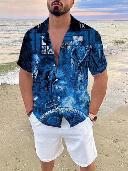 Men's Casual Space Robot Print Linen Cuban Collar Shirt