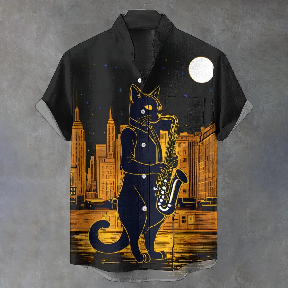 Men's Dark Night Cat Playing Saxophone Print Shirt 2410000926