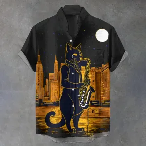 Men's Dark Night Cat Playing Saxophone Print Shirt 2410000926
