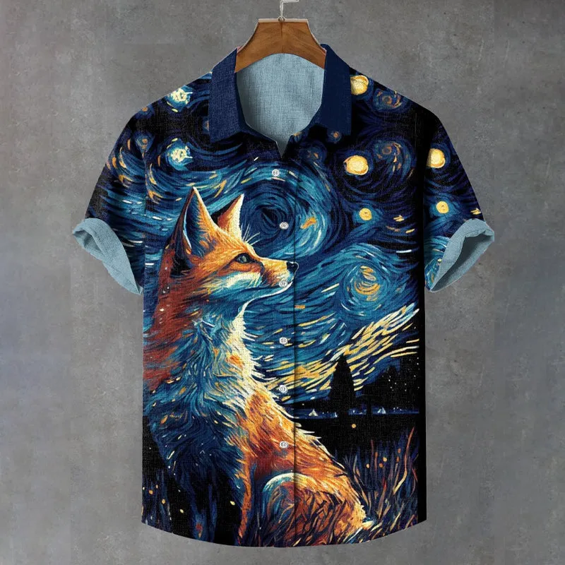 Men's Fox Looks Up Starry Night Print Shirt