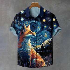 Men's Fox Looks Up Starry Night Print Shirt