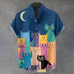 Men's Stand Collar Cat Art Printed Short Sleeve Shirt