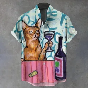 Men's Stand Collar Orange Cat At The Wine Bar Printed Short Sleeve Shirt