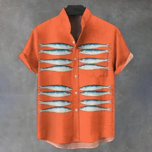 Men's Stand Collar Vintage Fish Art Print Casual 100% Cotton Shirt 2408002328