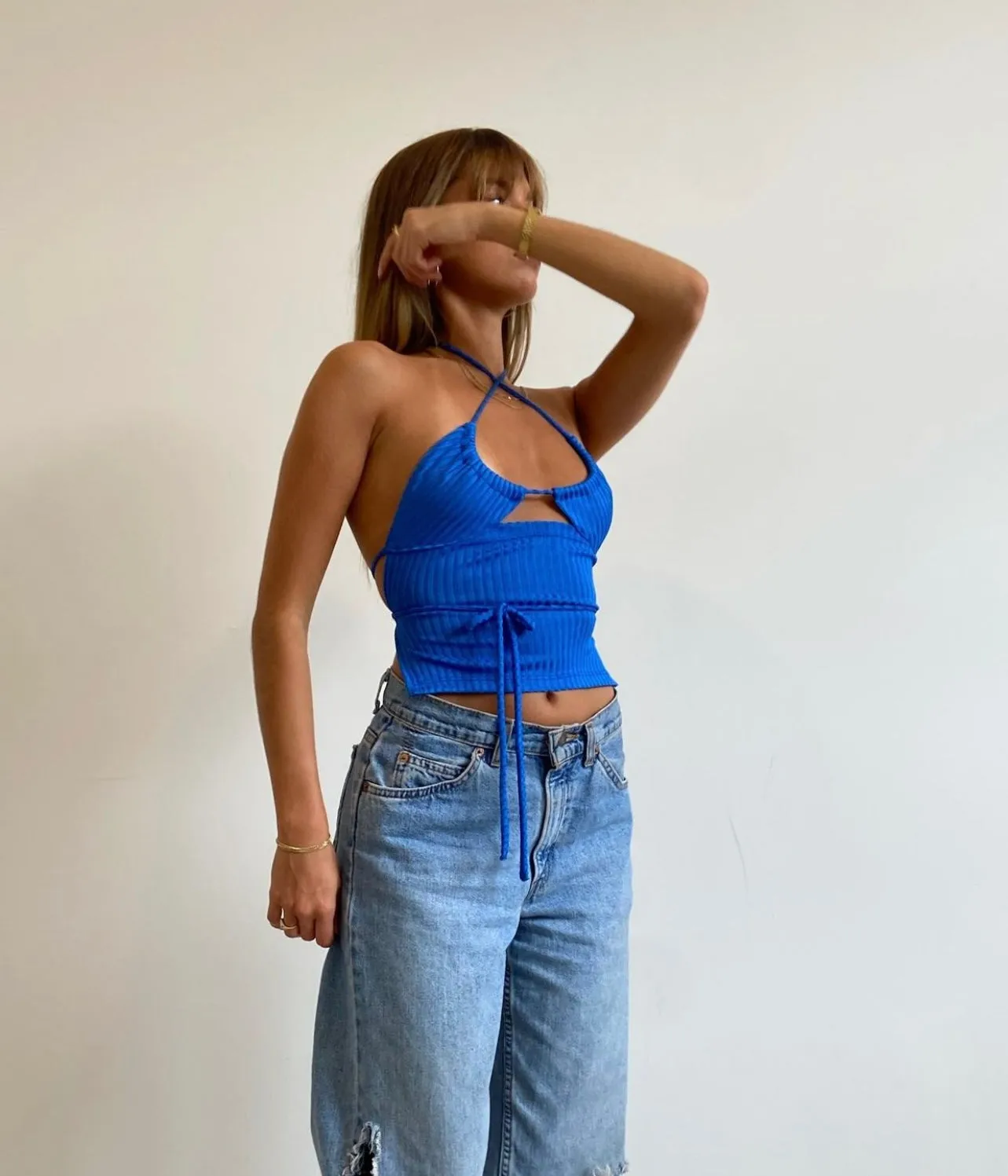 MR WINSTON - Blue ribbed Bikini tie top