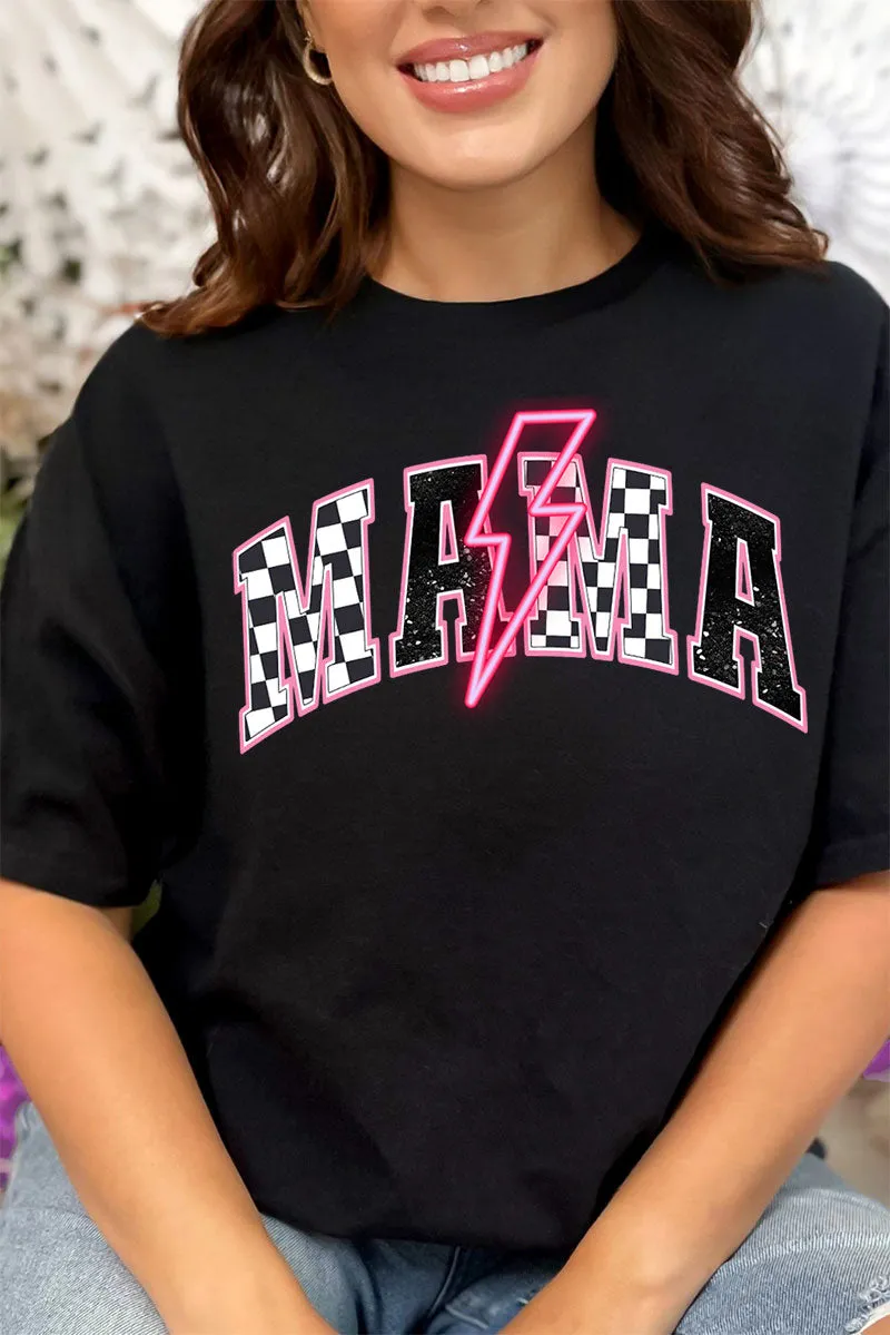 Neon Lightning Bolt Checkered Mama Short Sleeve Relaxed Fit T-Shirt