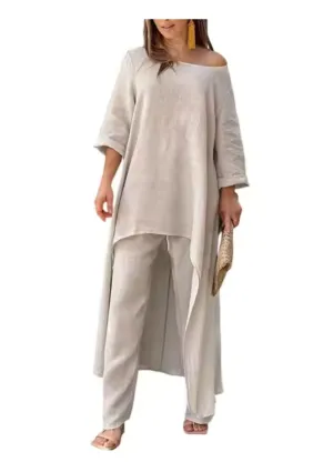 New Casual 2 Piece Outfits for Women Linen Long Sleeve Summer Pant Set in Khaki, Sz L