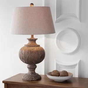 NEW Stunning JONATHAN Y Faux bois wood table lamp in a classic wood turned shape 100% cotton hardback tapered drum shade, 31" Tall Large Resin Traditional Rustic LED, LED Bulb Included, Dark Brown/Grey, Retails $380 