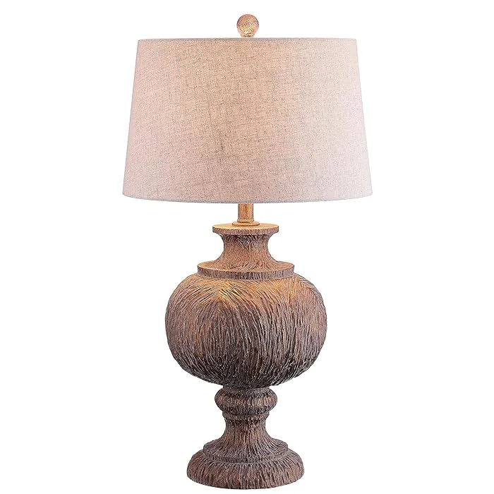 NEW Stunning JONATHAN Y Faux bois wood table lamp in a classic wood turned shape 100% cotton hardback tapered drum shade, 31" Tall Large Resin Traditional Rustic LED, LED Bulb Included, Dark Brown/Grey, Retails $380 