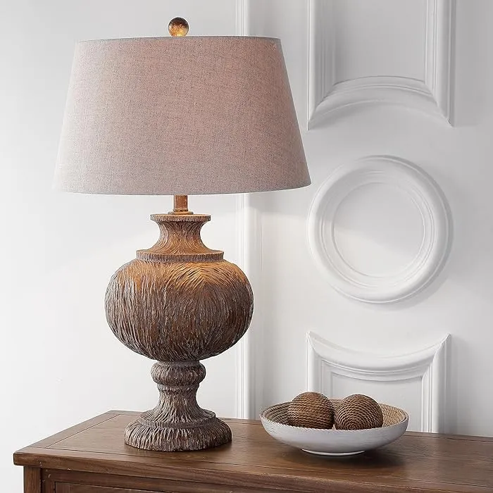NEW Stunning JONATHAN Y Faux bois wood table lamp in a classic wood turned shape 100% cotton hardback tapered drum shade, 31" Tall Large Resin Traditional Rustic LED, LED Bulb Included, Dark Brown/Grey, Retails $380 