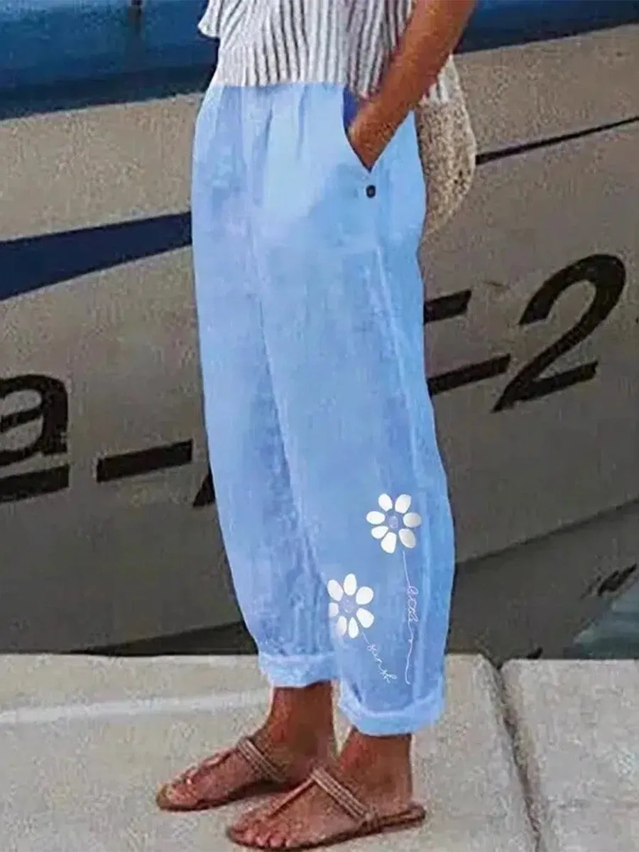 New Women's Linen Like Floral Print Side Pockets Baggy Full Length Fashion Casual Daily Blue Pant, sz M