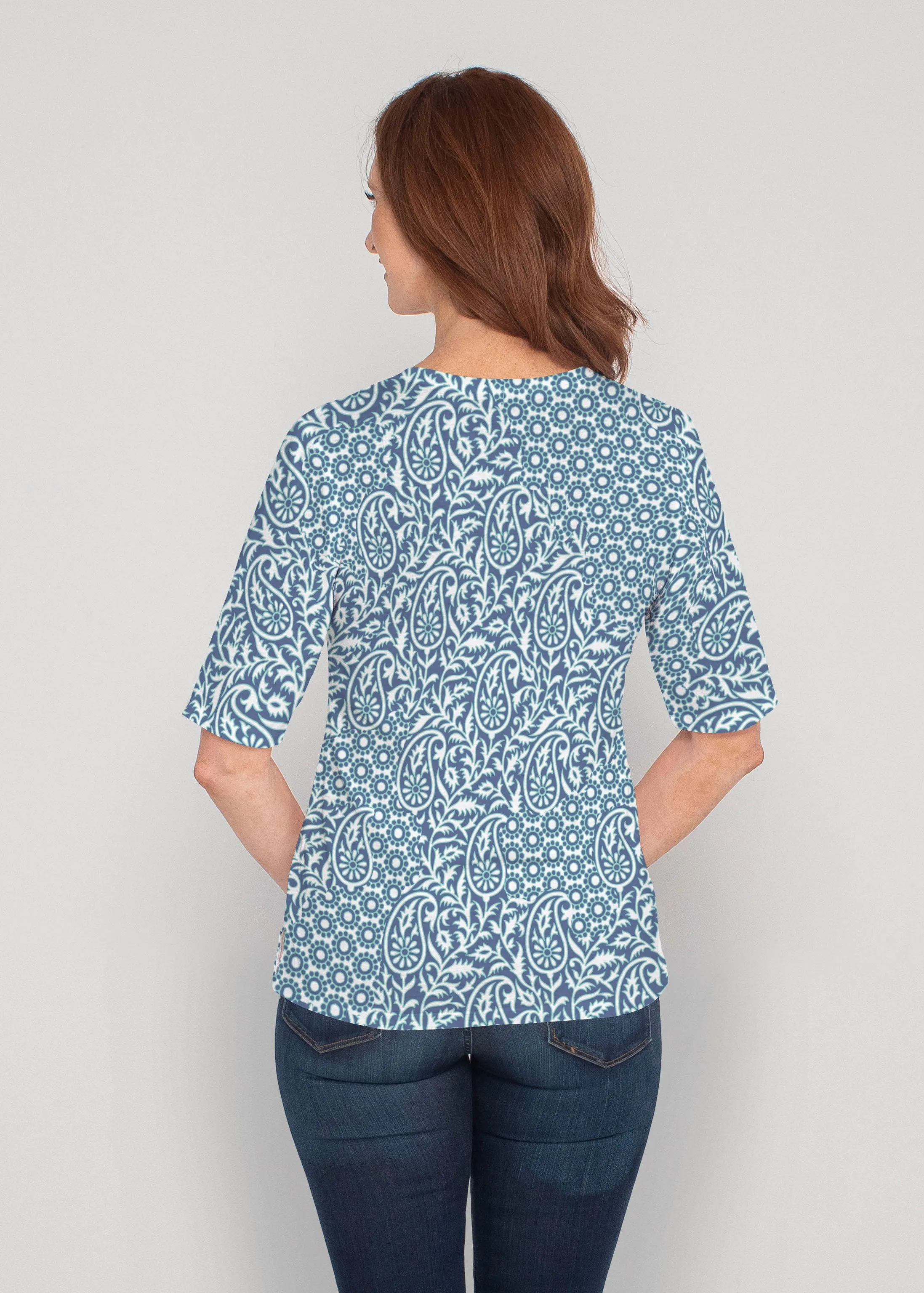 Oakley Blue (8114) ~ Signature Elbow Sleeve V-Neck Top