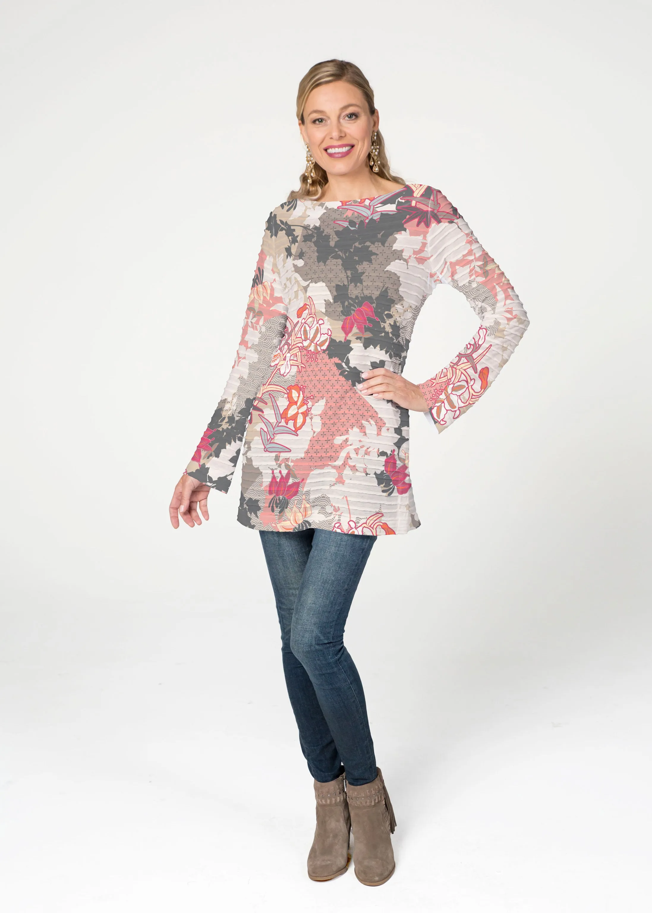 Oriental Floral Grey (7876) ~ Banded Boatneck Tunic