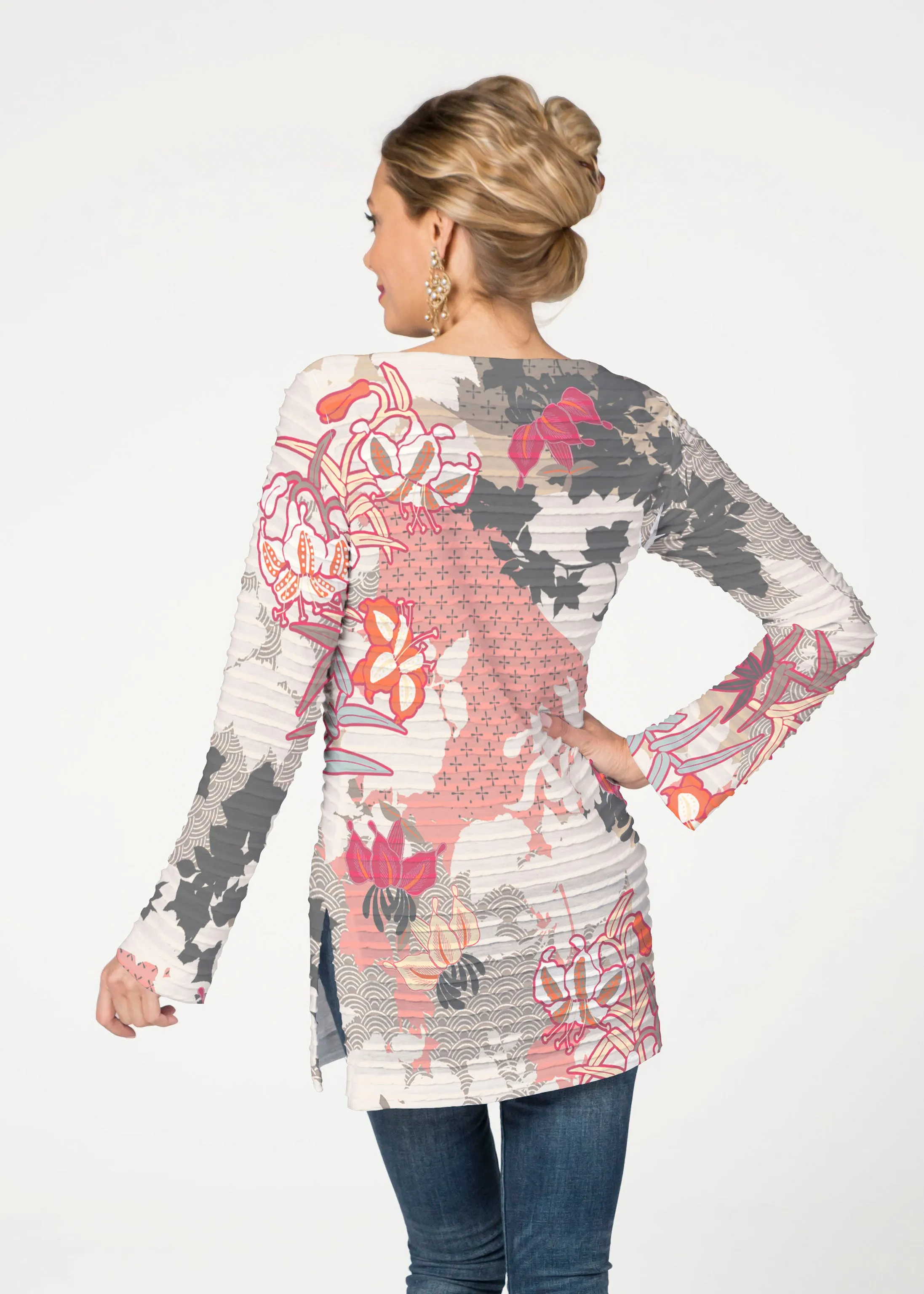 Oriental Floral Grey (7876) ~ Banded Boatneck Tunic