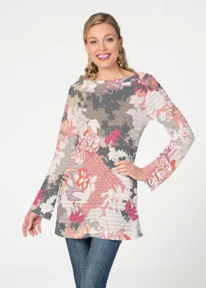 Oriental Floral Grey (7876) ~ Banded Boatneck Tunic