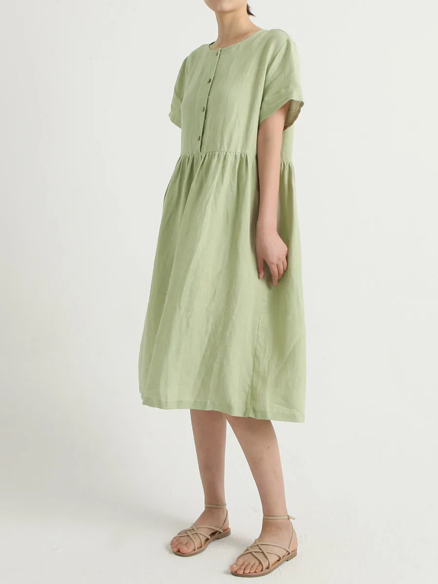 Plus Size Casual Linen Pleated Short Sleeve Loose Dress