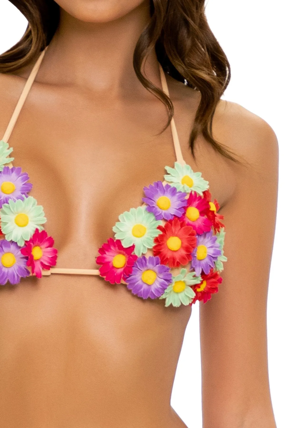 PRETTY THINGS - Flower Accent Triangle Top & Flower Detail Wavey Ruched Back Full Tie Side Bottom • Nude