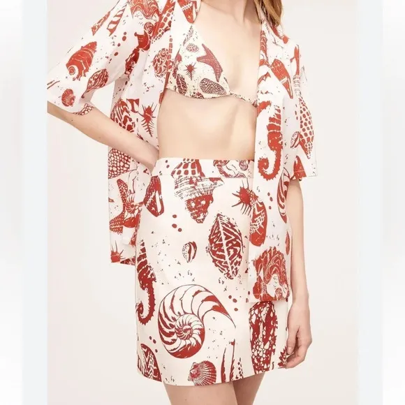 Rebecca Taylor Sea Shore Linen Mini Skirt Cream Burgundy 10 Vacation Island NWOT
