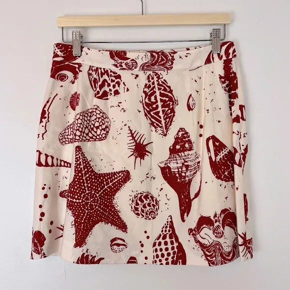Rebecca Taylor Sea Shore Linen Mini Skirt Cream Burgundy 10 Vacation Island NWOT
