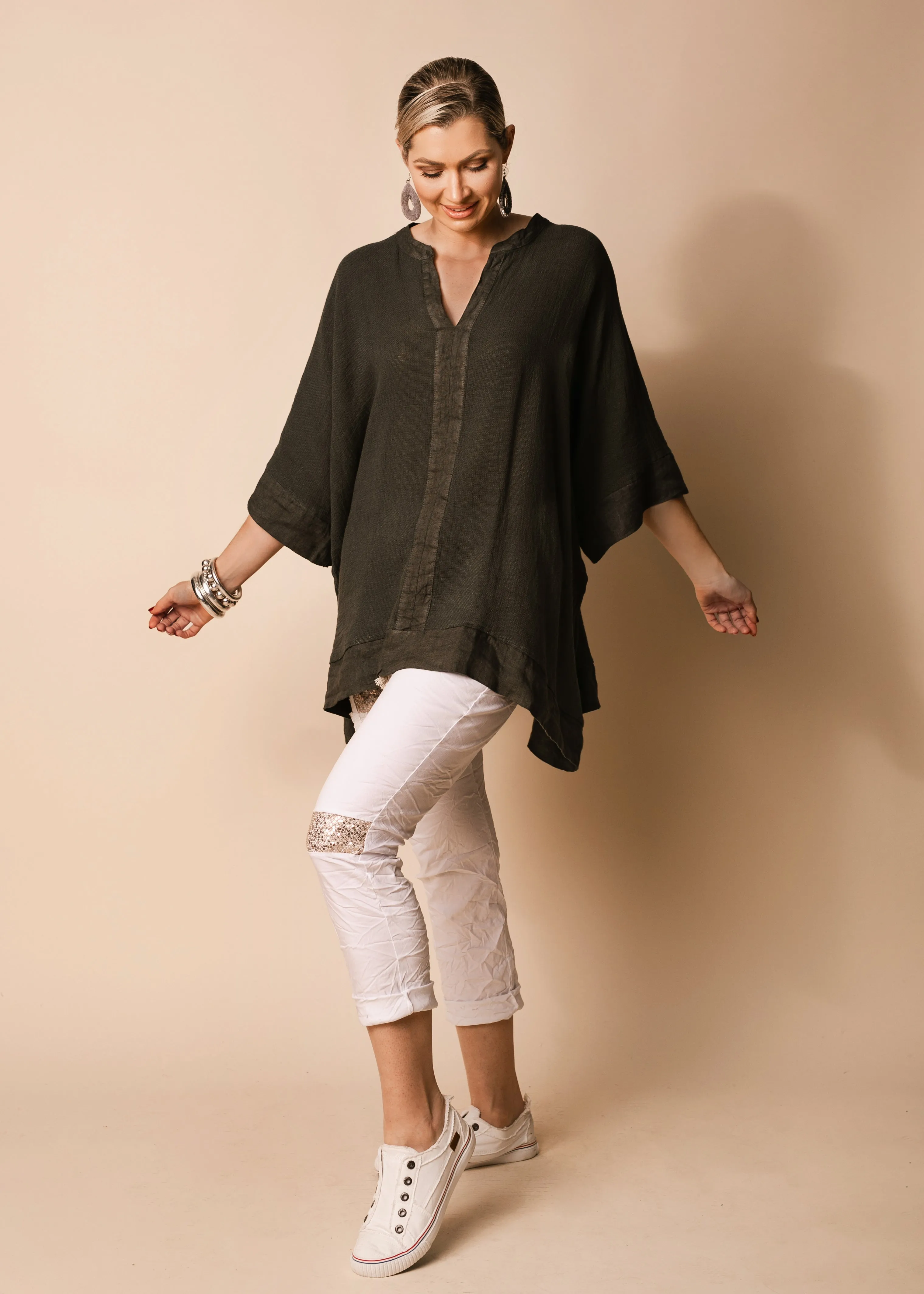 Rossa Linen Blend Top in Khaki