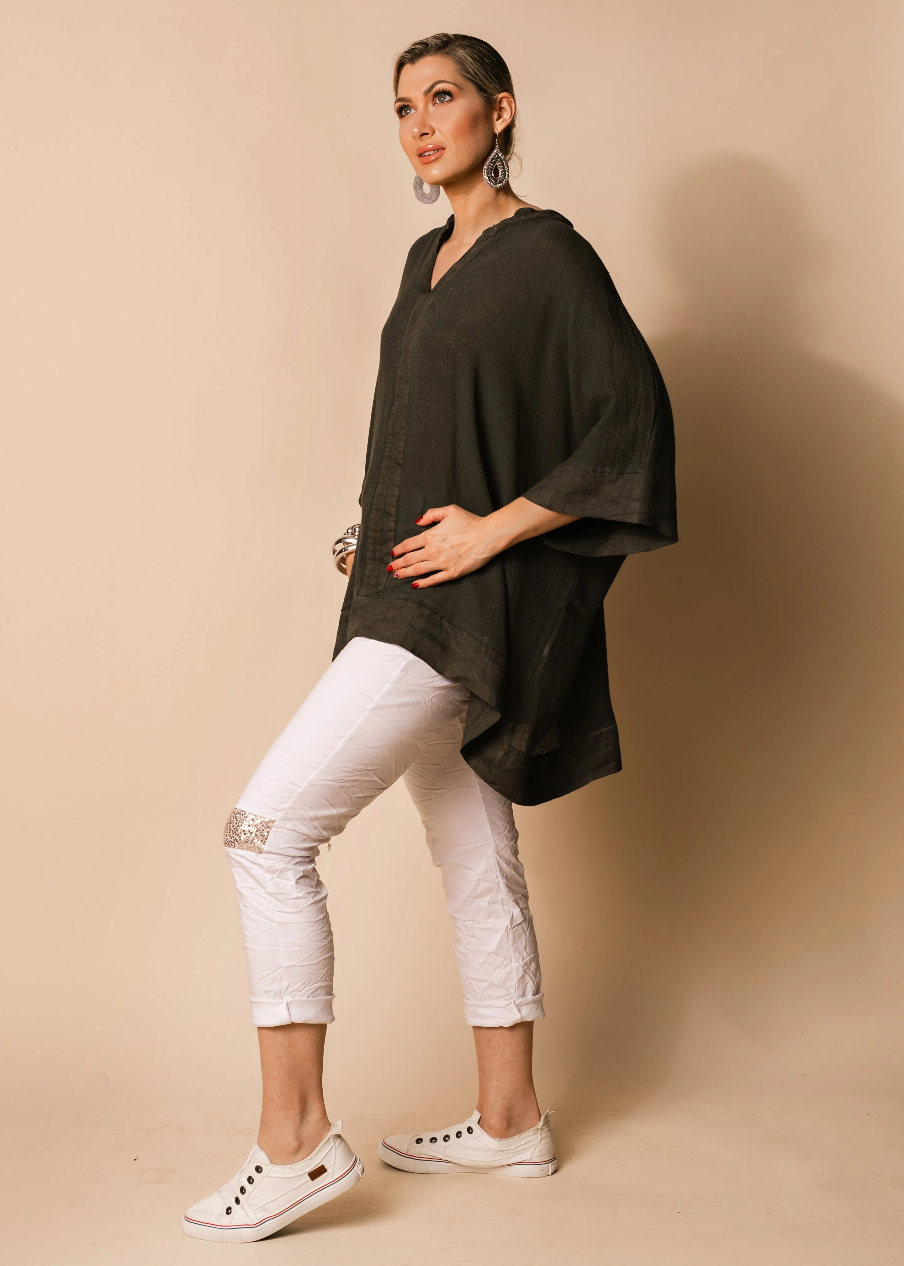 Rossa Linen Blend Top in Khaki