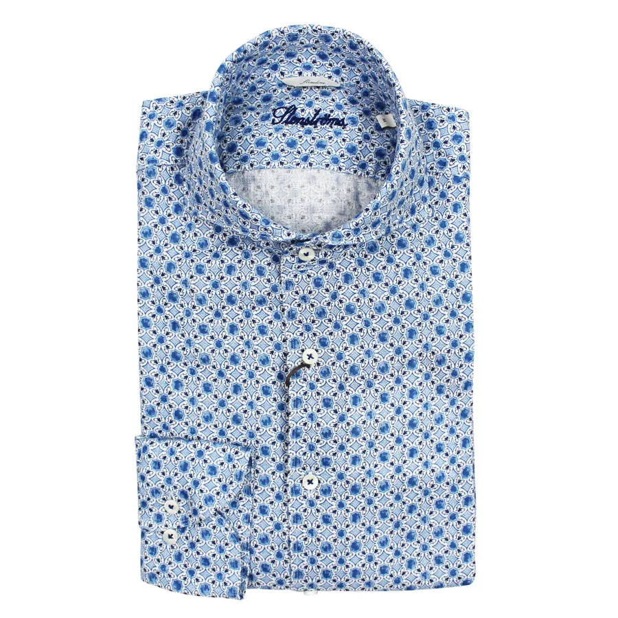 Stenstroms - Sicilian Tiles Casual Slimline Linen Shirt in Blue