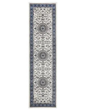 Sydney Medallion Runner White with Blue Border Runner Rug