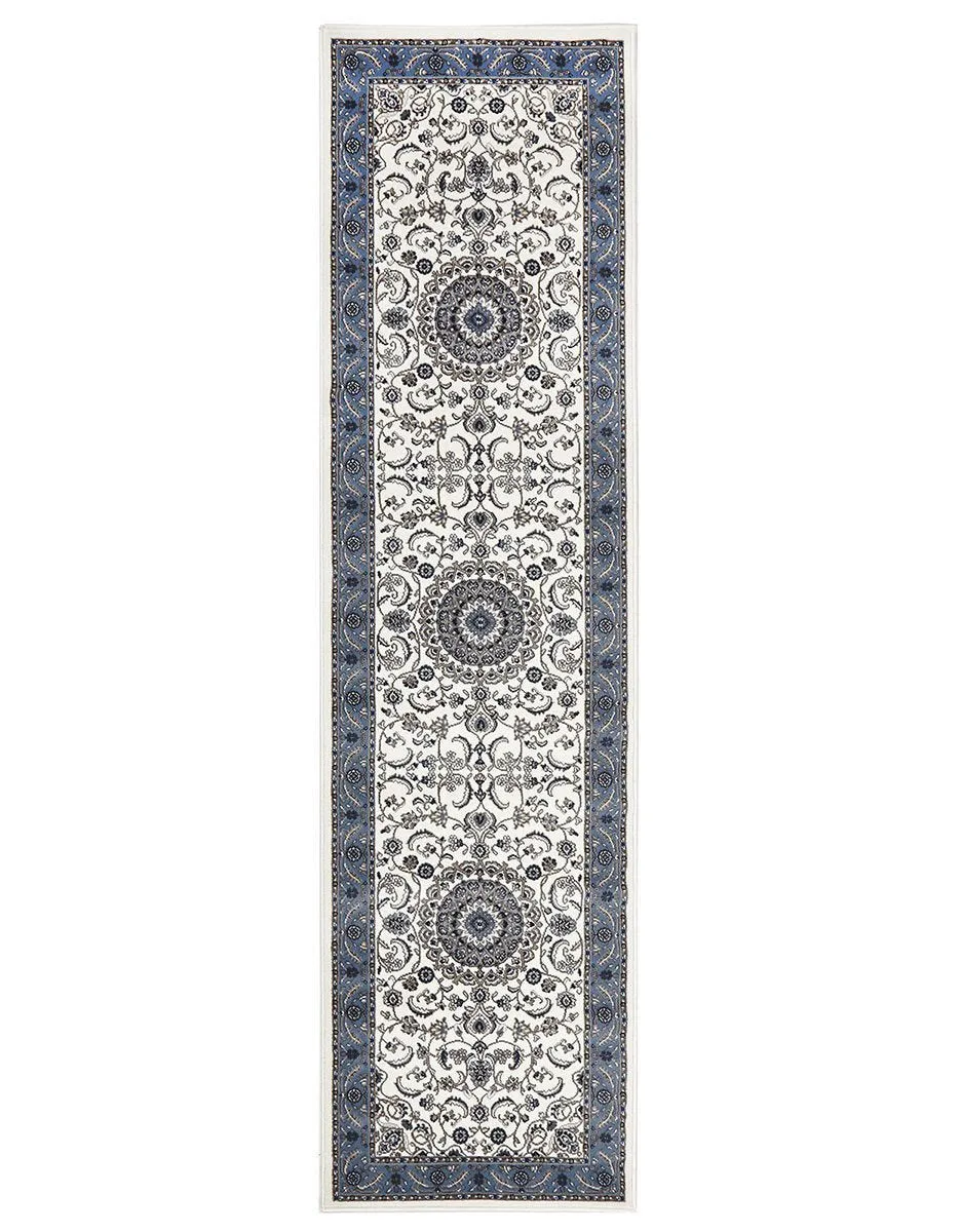 Sydney Medallion Runner White with Blue Border Runner Rug