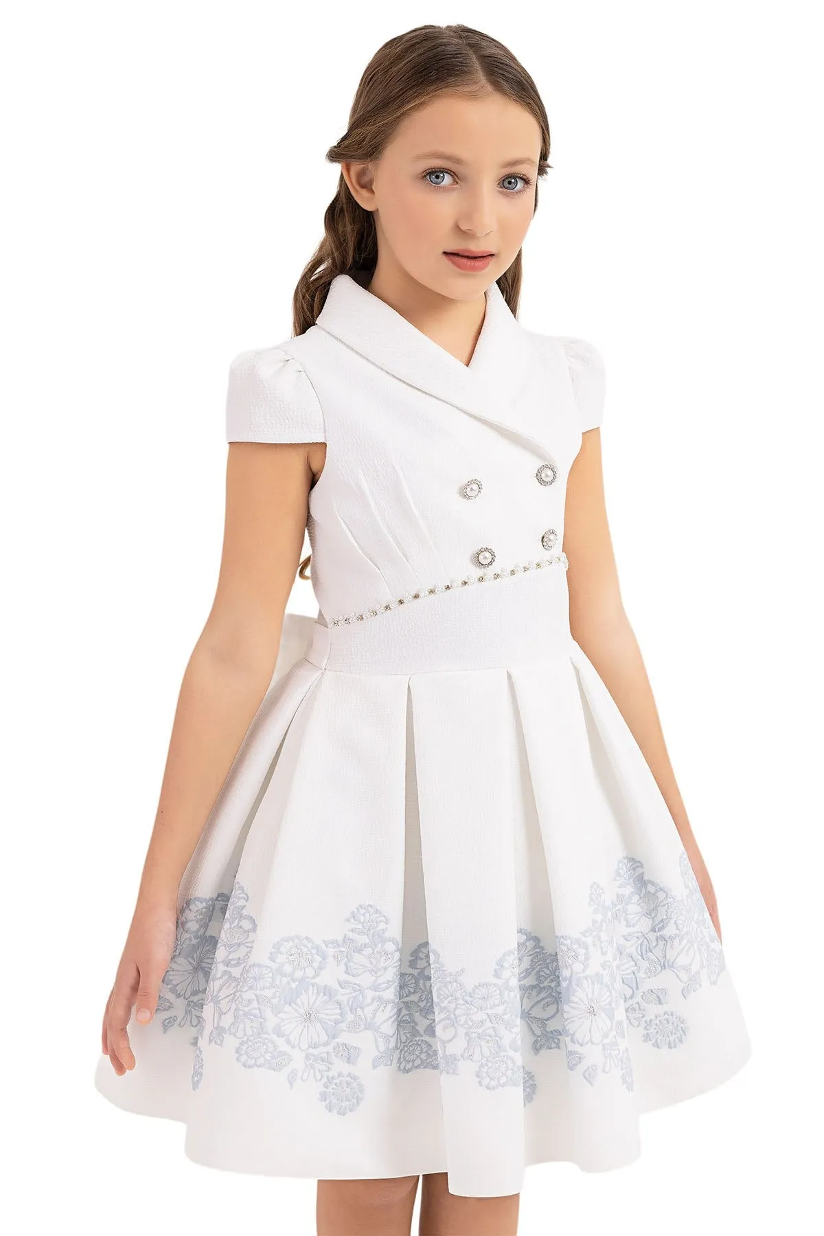Teen Girl Semi-Formal Dress with Scarf Collar and Blue flowers