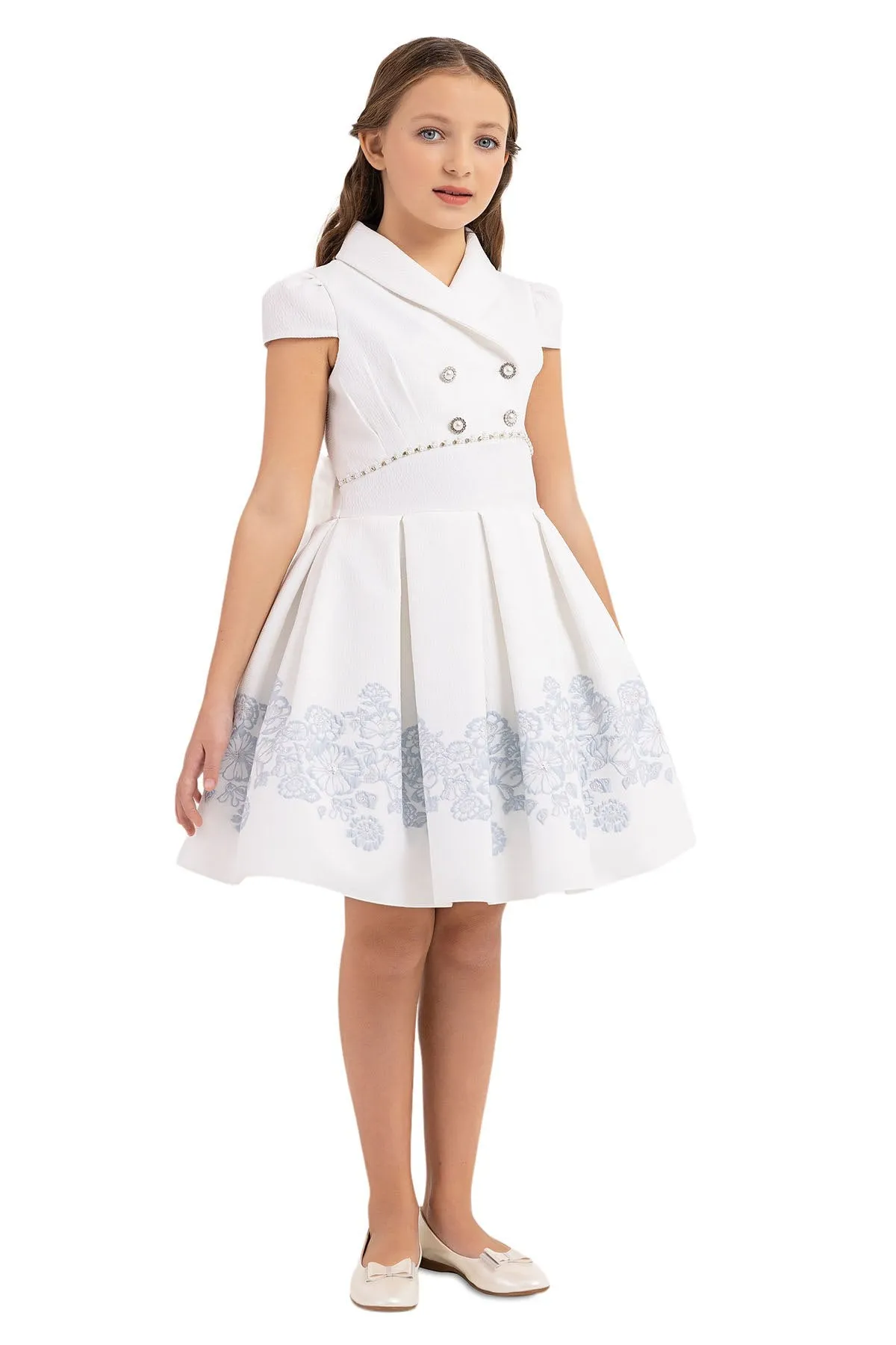 Teen Girl Semi-Formal Dress with Scarf Collar and Blue flowers