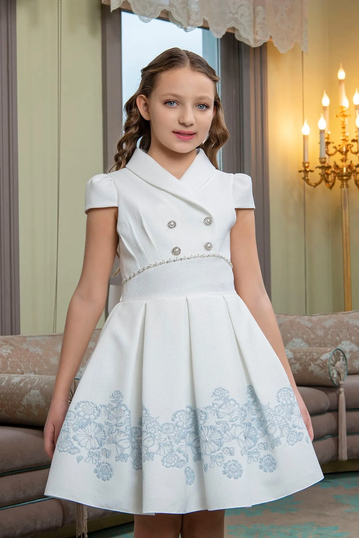 Teen Girl Semi-Formal Dress with Scarf Collar and Blue flowers